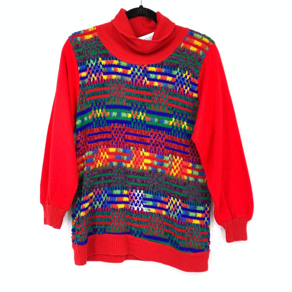 Vintage 80s Turtleneck Pullover Sweater Womens Apx Sz M/L Multicolor Knit Red